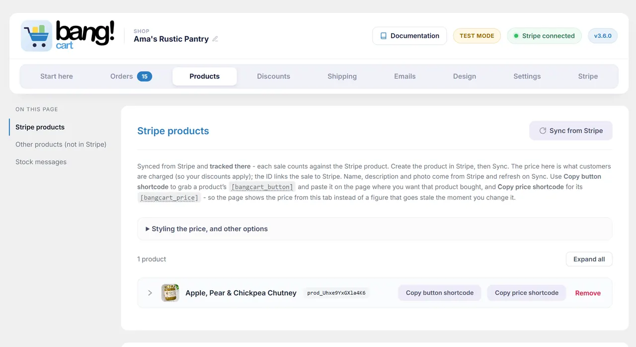 Bang! Cart free: the Products admin screen, showing a product with Copy button shortcode and Copy price shortcode