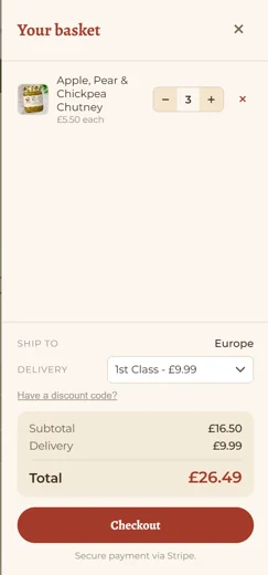 Bang! Cart slide-out basket, with items, delivery options and Stripe checkout