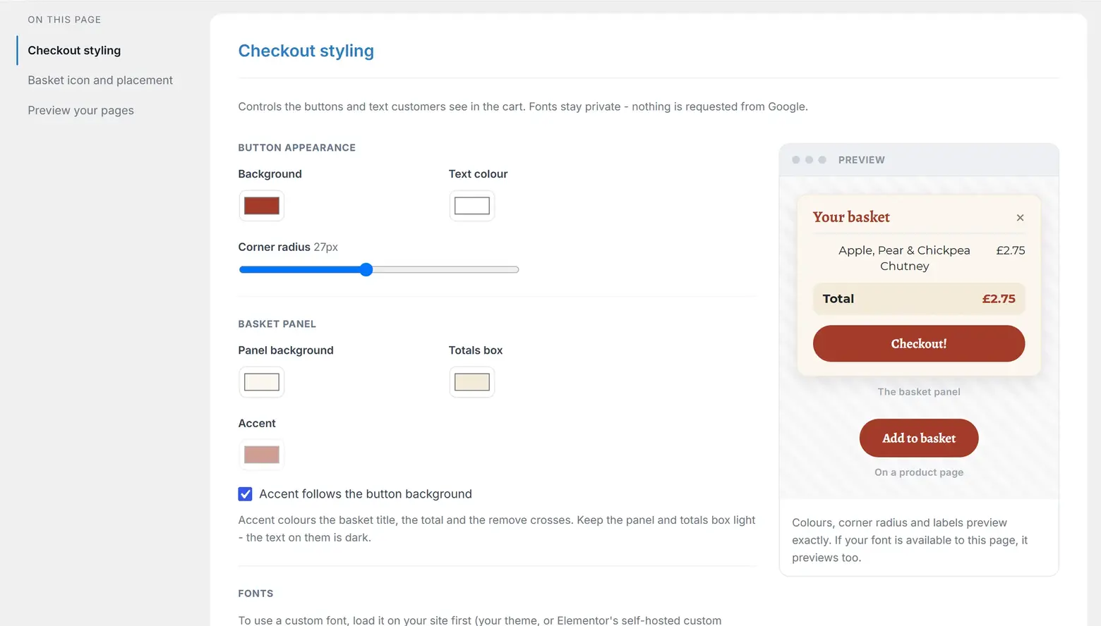 The Checkout styling card: button and basket colours, corner radius, and the live preview showing the basket panel and an Add to basket button