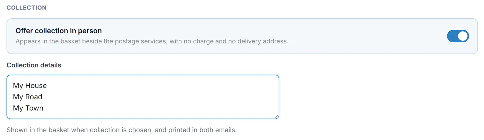 The collection section of a zone: the Offer collection in person switch and the Collection details text box
