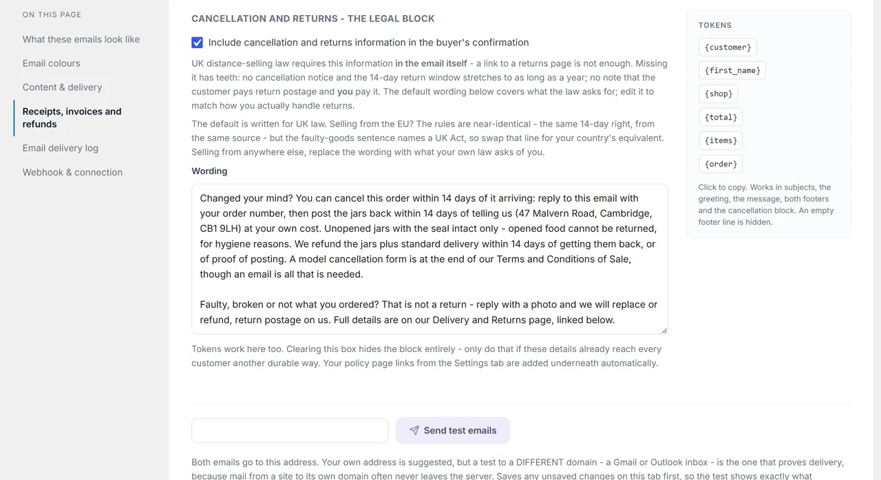 The Cancellation and returns section of the Emails tab: the include checkbox ticked, the full-width wording box, and the Tokens panel beside it