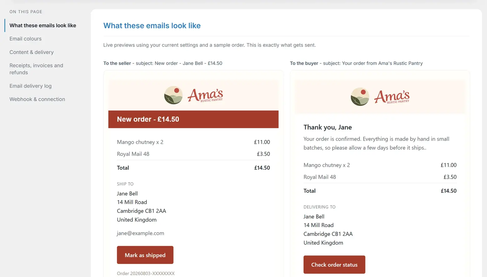 The Emails tab preview: the seller's New order email and the buyer's confirmation side by side, in the shop's own branding