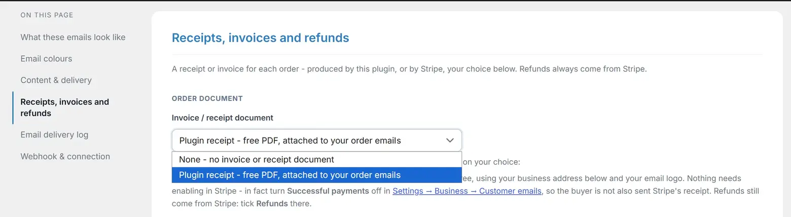 The Invoice / receipt document dropdown open, showing its two choices: None, and Plugin receipt