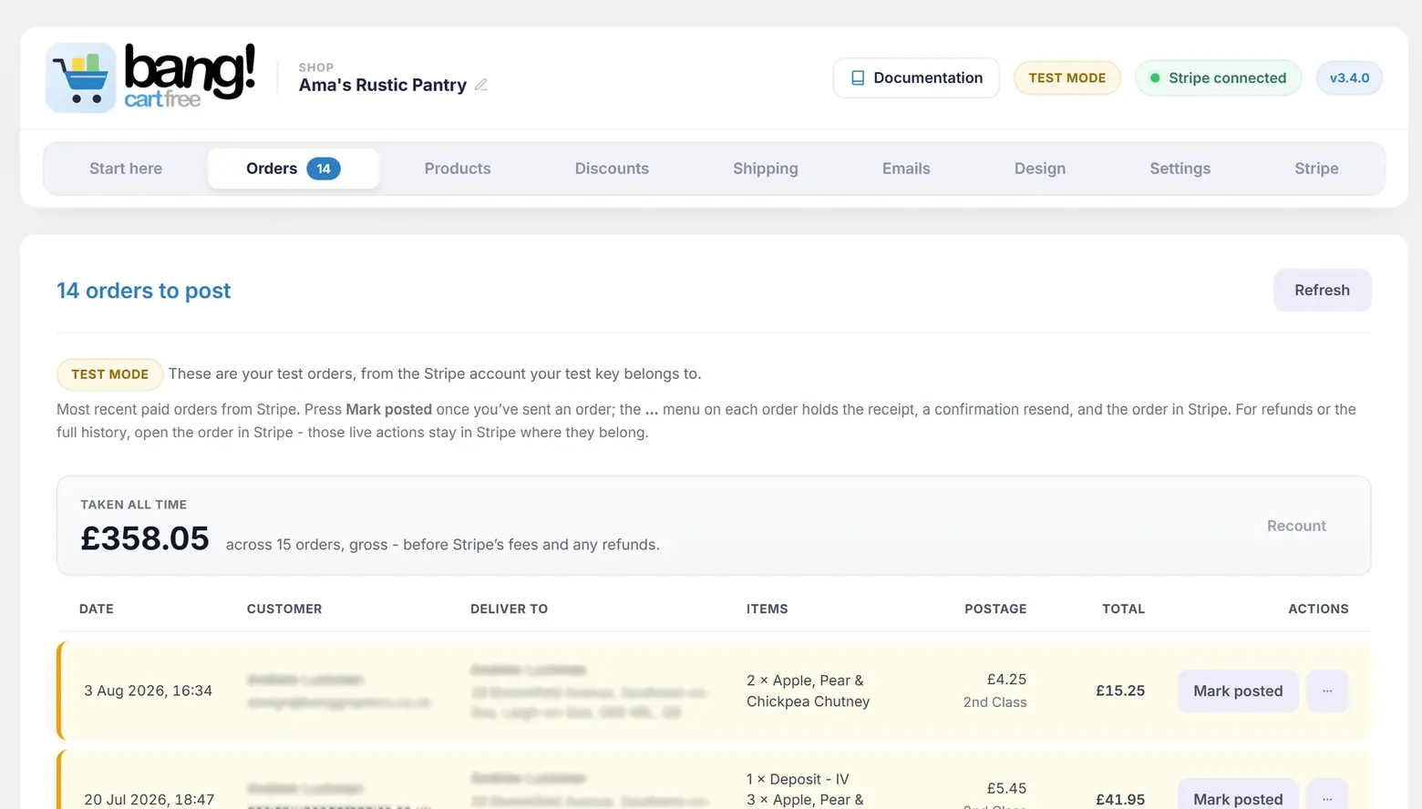 The Orders tab: the taken-all-time total with its Recount button, and recent test orders with Mark posted buttons