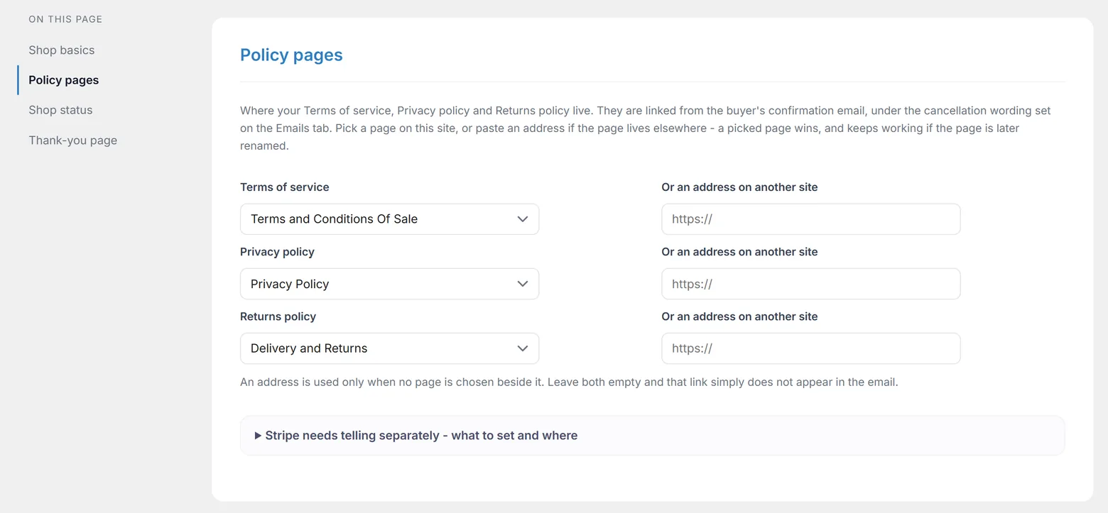 The Policy pages card on the Settings tab: Terms of service, Privacy policy and Returns policy, each with a page dropdown and an address field