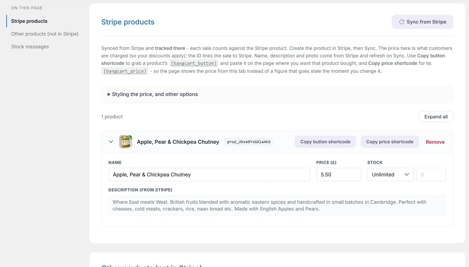 The Products tab: a synced Stripe product with its name, price and stock fields, and Copy button shortcode and Copy price shortcode buttons