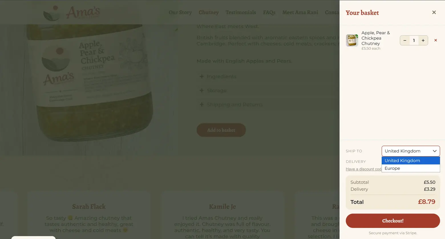The basket open on a shop page, with the Ship to dropdown offering United Kingdom and Europe