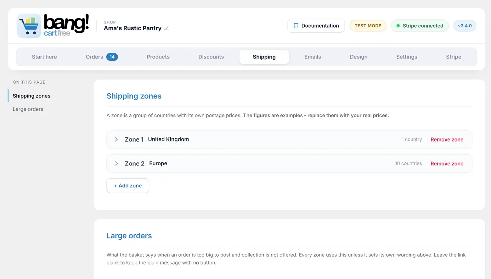 The Shipping tab with two zones, United Kingdom and Europe, and the Add zone button beneath them