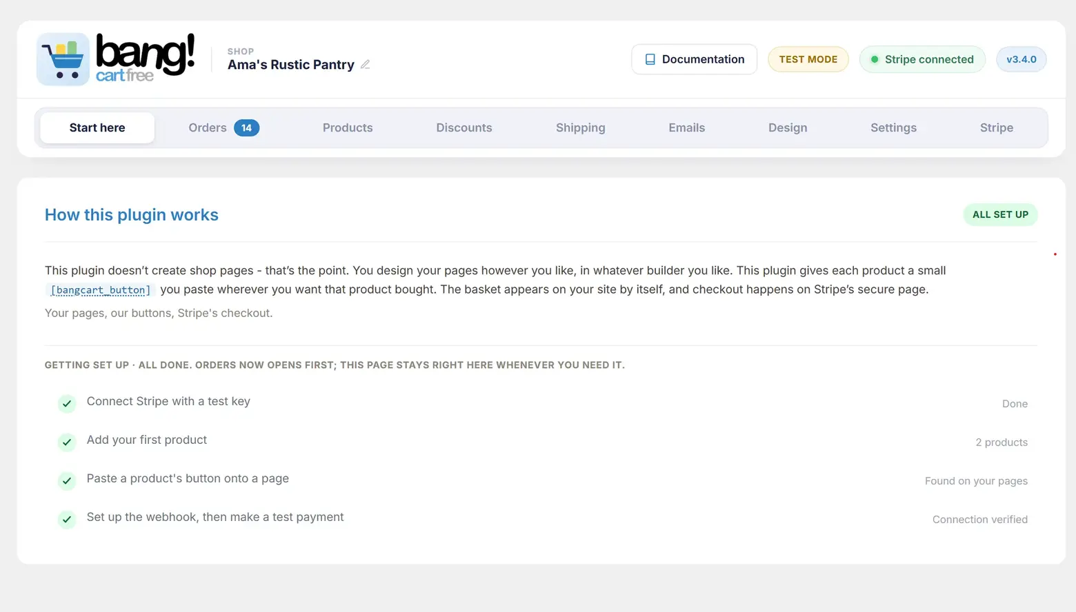 The Start here tab: the How this plugin works card, with all four setup steps ticked and measured as done