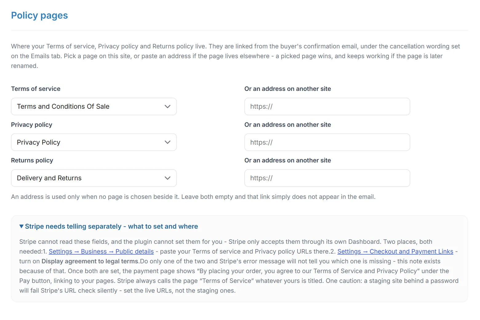 The Policy pages card with its fold open: Stripe needs telling separately - what to set and where, listing the two Dashboard steps