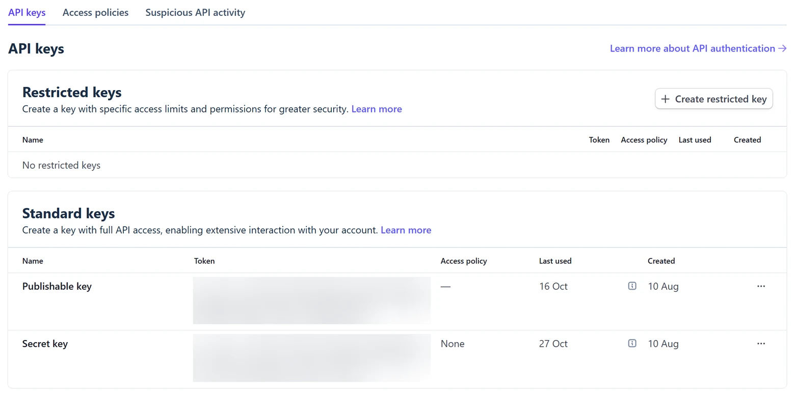 Stripe's API keys page in test mode: the Restricted keys section with its Create restricted key button, and the Standard keys section with the Publishable key and Secret key rows