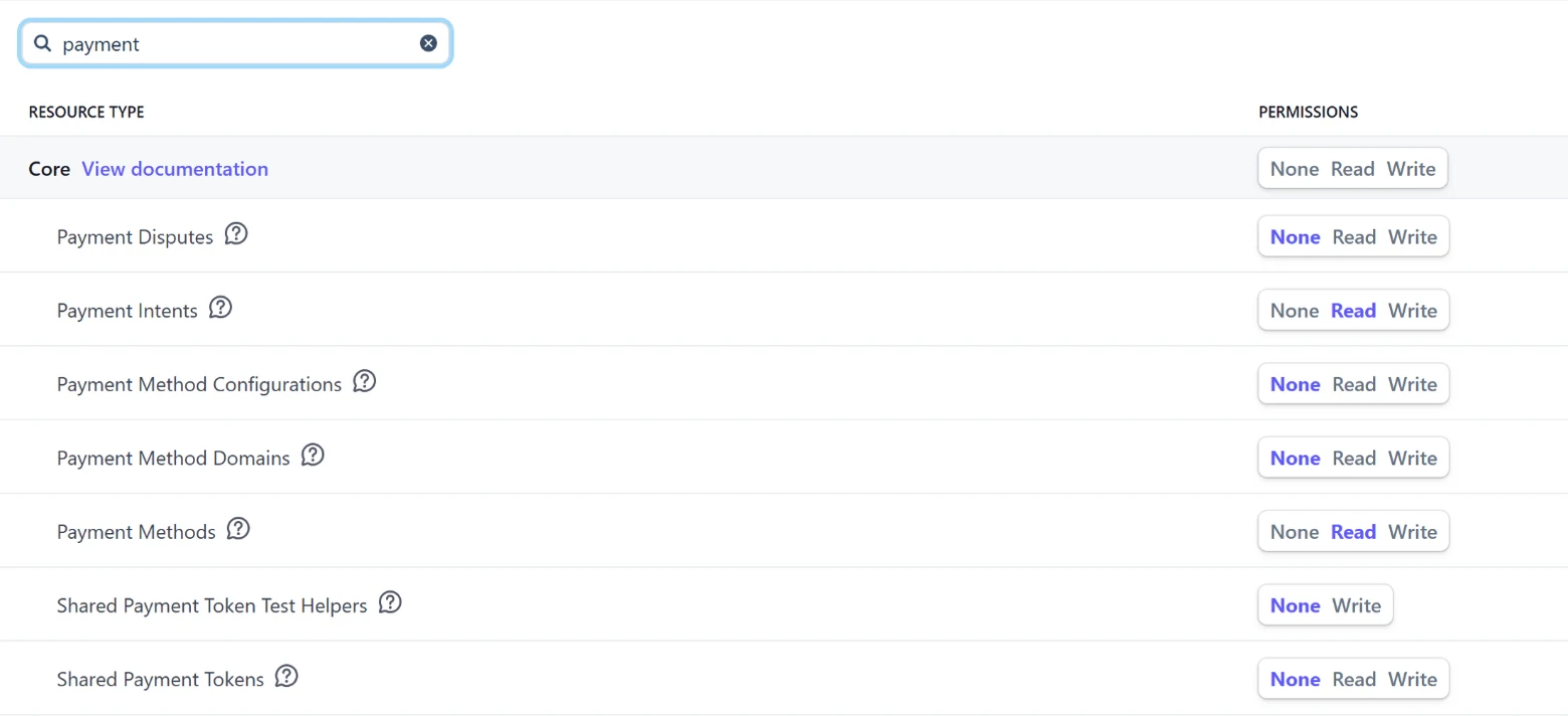 Stripe's permissions list filtered to the word payment, with Payment Intents and Payment Methods set to Read and the other payment rows left at None