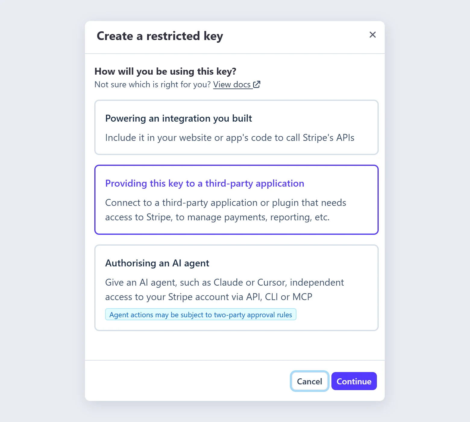 Stripe asking how the new restricted key will be used, with Providing this key to a third-party application selected
