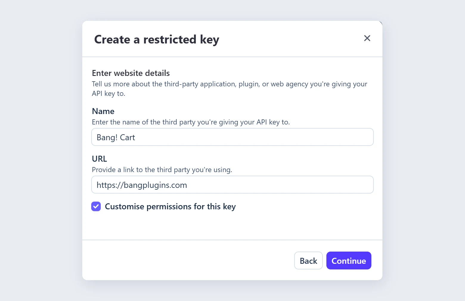 The restricted key form with the name Bang! Cart, the link https://bangplugins.com, and Customise permissions for this key ticked