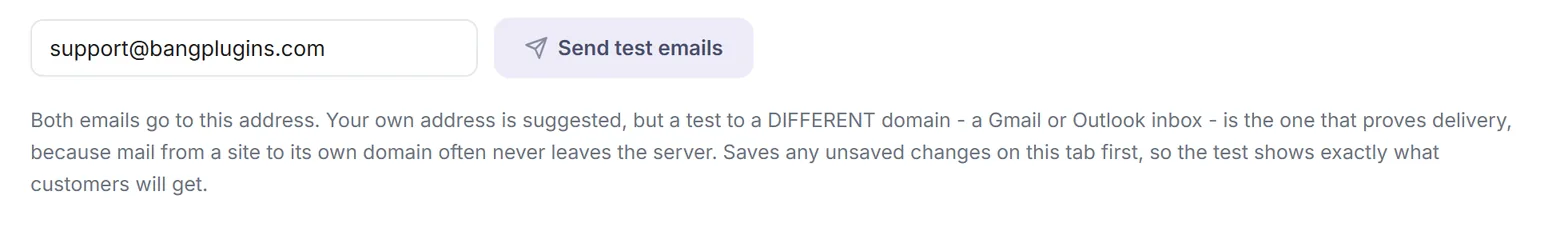 The address box beside the Send test emails button, holding an address on a different domain from the shop