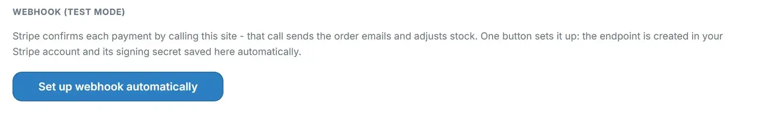 The webhook section of the Stripe tab, with the Set up webhook automatically button