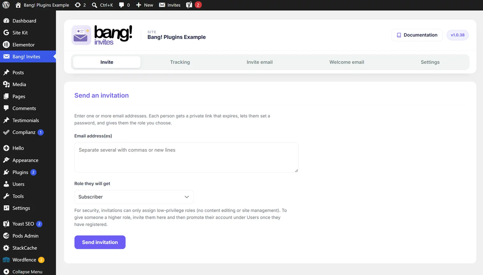 The Bang! Invites item in the WordPress admin menu, just below Dashboard, with the five tabs across the top of its screen