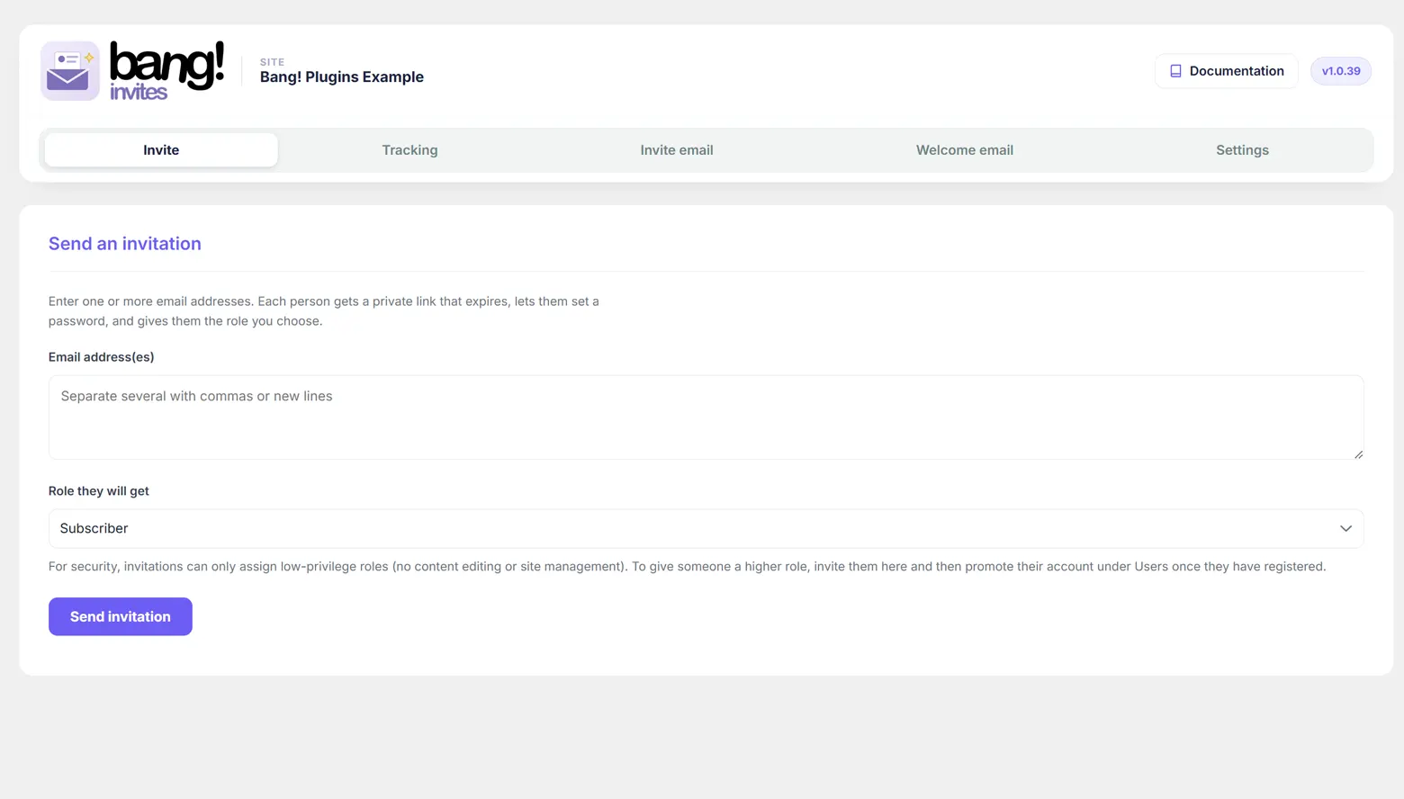 The Invite tab: the Send an invitation card with the email address box, the role selector and the Send invitation button