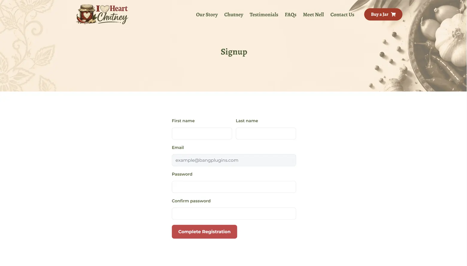 The registration form on the front end: first name and last name side by side, a locked email field, password and confirm password, and the submit button