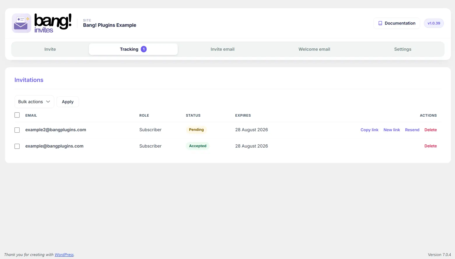 The Tracking tab: a table of invitations showing email, role, status pills reading Accepted, Pending and Expired, expiry dates, and the row actions
