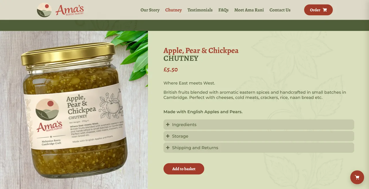 A live shop built with Bang! Cart: the amasrusticpantry.com product page