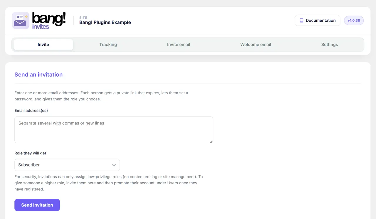 Bang! Invites free: the Send an invitation admin screen, with email addresses and the role to grant